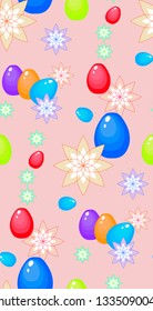 Seamless pattern on powdery background on Easter theme. Drawing of colored eggs and flowers.