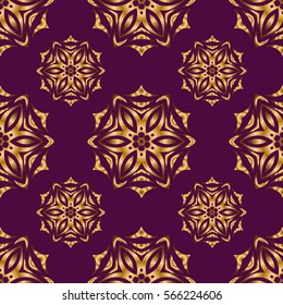 Seamless pattern on a purple backdrop. Traditional indian style, ornamental floral elements for henna tattoo, printing, golden stickers, mehndi, yoga design. Vector art of golden mehndi.