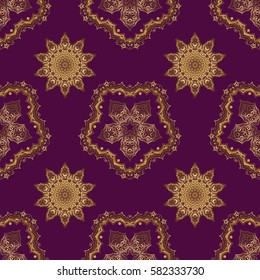 Seamless pattern on a purple backdrop. Traditional indian style, ornamental floral elements for henna tattoo, printing, golden stickers, mehndi, yoga design. Vector art of golden mehndi.