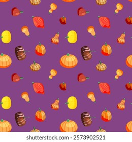 Seamless pattern on a purple background from different orange pumpkins. Suitable for wrapping paper, gifts, cards. Vector illustration