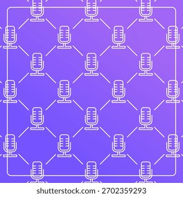 Modelo inconsútil en un fondo púrpura con un icono del micrófono. Diseño de líneas para afiches, redes sociales y Plantillas de Anuncio.