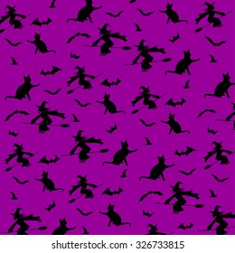 Seamless pattern on purple background, with black cats, witches and bats. Halloween theme. Vector illustration