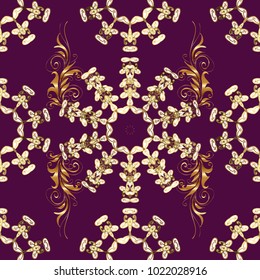 Seamless pattern on purple, brown and white colors with golden elements. Classic vintage background. Traditional orient ornament. Seamless classic vector golden pattern. Vector illustration.