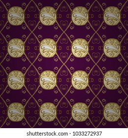 Seamless pattern on purple, brown colors with golden elements. Openwork delicate pattern. Brilliant lace, stylized flowers, paisley. Oriental style arabesques. Seamless golden texture curls. Vector.