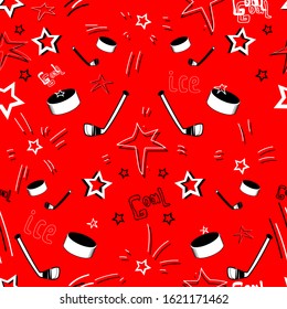 Seamless pattern on a red background. Vector elements of a hockey stick, hockey puck and stars. 