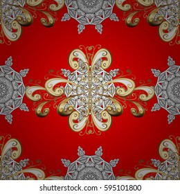 Seamless pattern on red background with golden elements and white doodles. Classic vintage background. Traditional orient ornament. Seamless classic vector golden pattern.