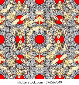 Seamless pattern on red background with golden elements and with white doodles. Seamless Golden pattern. Vector oriental ornament.