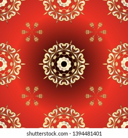 Seamless pattern on red and orange colors with golden elements. Seamless golden pattern. Vector oriental ornament.