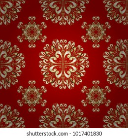 Seamless pattern on red and yellow colors with golden elements. Seamless golden pattern. Vector oriental ornament.