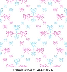 Seamless pattern on rhombus grid with various pink and blue delicate gift bows hand drawing. Fashion hair braiding accessory. Cotton fabric pattern for sewing, patchwork, printed fabric, textile 