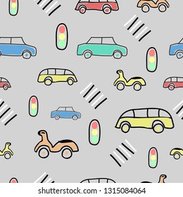 Seamless pattern with on the road elements, car, bike, bus, Traffic lights, crosswalk