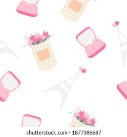 Seamless pattern on romantic theme: ring in box, bouquet of flowers, eiffel tower on white background. Valentine's day elements for textiles, packaging, postcards, prints, clothing. Vector