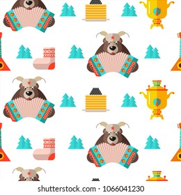 Seamless pattern on the Russian theme. Russian souvenir. Samovar, bear with accordion, pancakes with caviar. Vector illustration on white background. For printing on textiles, paper.