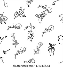 Seamless pattern on sadovoda- petunia, tomato, cucumber, onions, strawberries, hand-drawing, doodle, vector