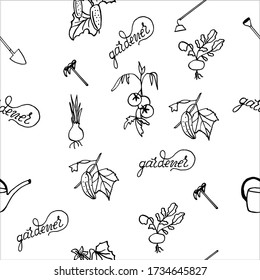 Seamless pattern on sadovoda- petunia, tomato, cucumber, onions, strawberries, hand-drawing, doodle, vector