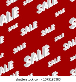 Seamless pattern on sales and discounts with isometric inscriptions, white on red background