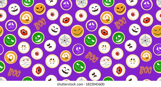 Seamless pattern on with scary faces. Background for Halloween. All Saints Day treat
