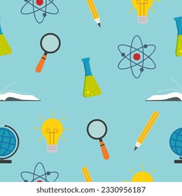 patrón ininterrumpido en la escuela, matraz de temas educativos, lápiz, átomo, globo, bombilla, lumbrador