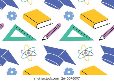 Seamless pattern on school and education theme. Book, pencil, gear and graduation cap, flat cartoon background for knowledge, learning, achievement and academic celebration, vector illustration