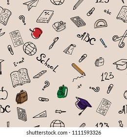 Seamless pattern on a school theme. Vector background on a school theme. Textbook, pencil, apple, notebook, pen, globe, ruler seamless pattern.