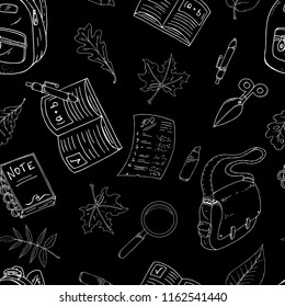 Seamless pattern on a school theme. Vector illustration background on a school theme. Hand drawn notebook, pen, ruler, school bag, pencil.