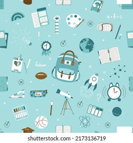 Seamless pattern on school theme, set of school tools, set of education icons, back to school, stationery for schoolboy, school backpack, student, student notebooks,colored pencils