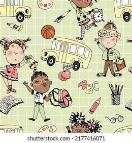 Seamless pattern on a school theme with schoolchildren and school accessories. Back to school. The school bus.  Vector
