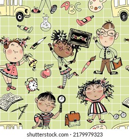 Seamless pattern on a school theme with schoolchildren and school accessories. Back to school. The school bus.  Vector