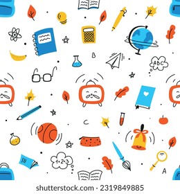 Seamless pattern on school theme, set of school tools, set of education icons, back to school, stationery for schoolboy, student, student notebooks, back to school,colored pencil,back to school doodle
