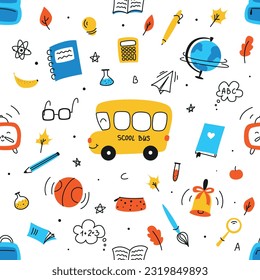 Seamless pattern on school theme, set of school tools, set of education icons, back to school, stationery for schoolboy, student, student notebooks, back to school,colored pencil,back to school doodle