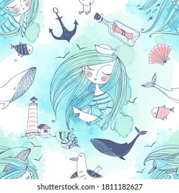 Seamless pattern on the sea theme with cute girls, whales and seagulls in a cute Doodle style with watercolors. Vector.