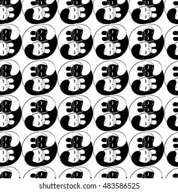 Seamless pattern on sleeping kittens. Yin Yang look. Black and white.