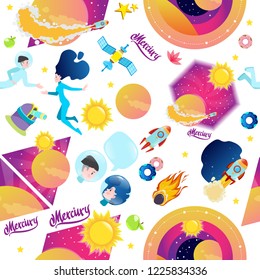 Seamless pattern on the space theme. Astronauts, planets and stars of the Solar system. Mercury.