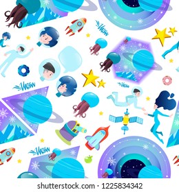 Seamless pattern on the space theme. Astronauts, planets and stars of the Solar system. Uranus.
