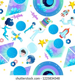 Seamless pattern on the space theme. Astronauts, planets and stars of the Solar system. Neptune.