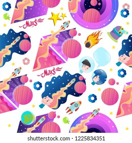 Seamless pattern on the space theme. Astronauts, planets and stars of the Solar system. Mars.
