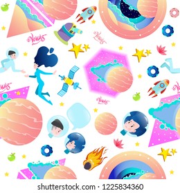Seamless pattern on the space theme. Astronauts, planets and stars of the Solar system. Venus.