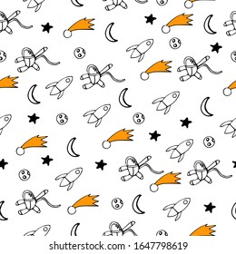 Seamless pattern on a space theme with an astronaut, a rocket, the moon and stars from lines on a white background for print