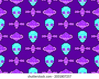 Seamless pattern on a space theme with 8 bit graphics in the style of video games from the 90s. Pixel satellite, alien and saturn. Design for printing, wrapping and advertising. Vector illustration