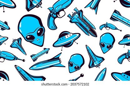 Seamless pattern on space theme in a retro futuristic style. The pattern consists of flying saucer, alien head, rocket, space shuttle, starship and blaster. Blue vector cliparts on a white background.