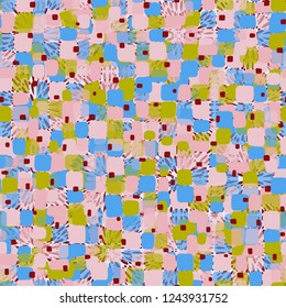 Seamless pattern on square splashes background. Spring theme. Camouflage principle.