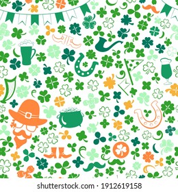 Seamless pattern on St. Patrick's Day made of clover leaves and other symbols in green and orange colors