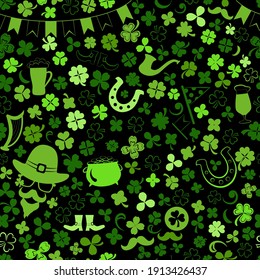 Seamless pattern on St. Patrick's Day made of clover leaves and other symbols in green colors