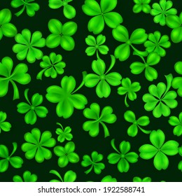 Seamless pattern on St. Patrick's Day made of realistic clover leaves in green colors with shadows