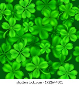 Seamless pattern on St. Patrick's Day made of realistic clover leaves in green colors with shadows