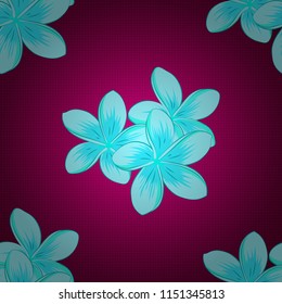 Seamless pattern on striped background. Vector floral print in purple, blue and red colors. Cute plumeria flowers pattern.