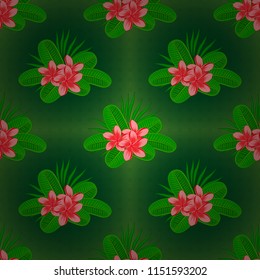 Seamless pattern on striped background. Vector floral print in green, pink and red colors. Cute plumeria flowers pattern,