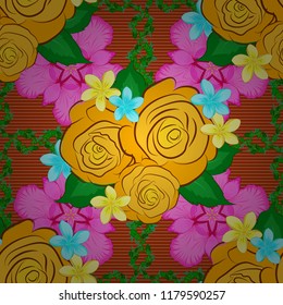 Seamless pattern on striped background. Vector floral print in yellow, orange and green colors. Cute rose flowers and green leaves pattern.