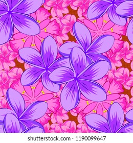 Seamless pattern on striped background. Vector floral print in pink, violet and magenta colors. Cute plumeria flowers pattern,