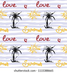 Seamless pattern on a striped blue and white background with hand drawn vector elements: sun, palms, heart. Hand written text Summer Love.